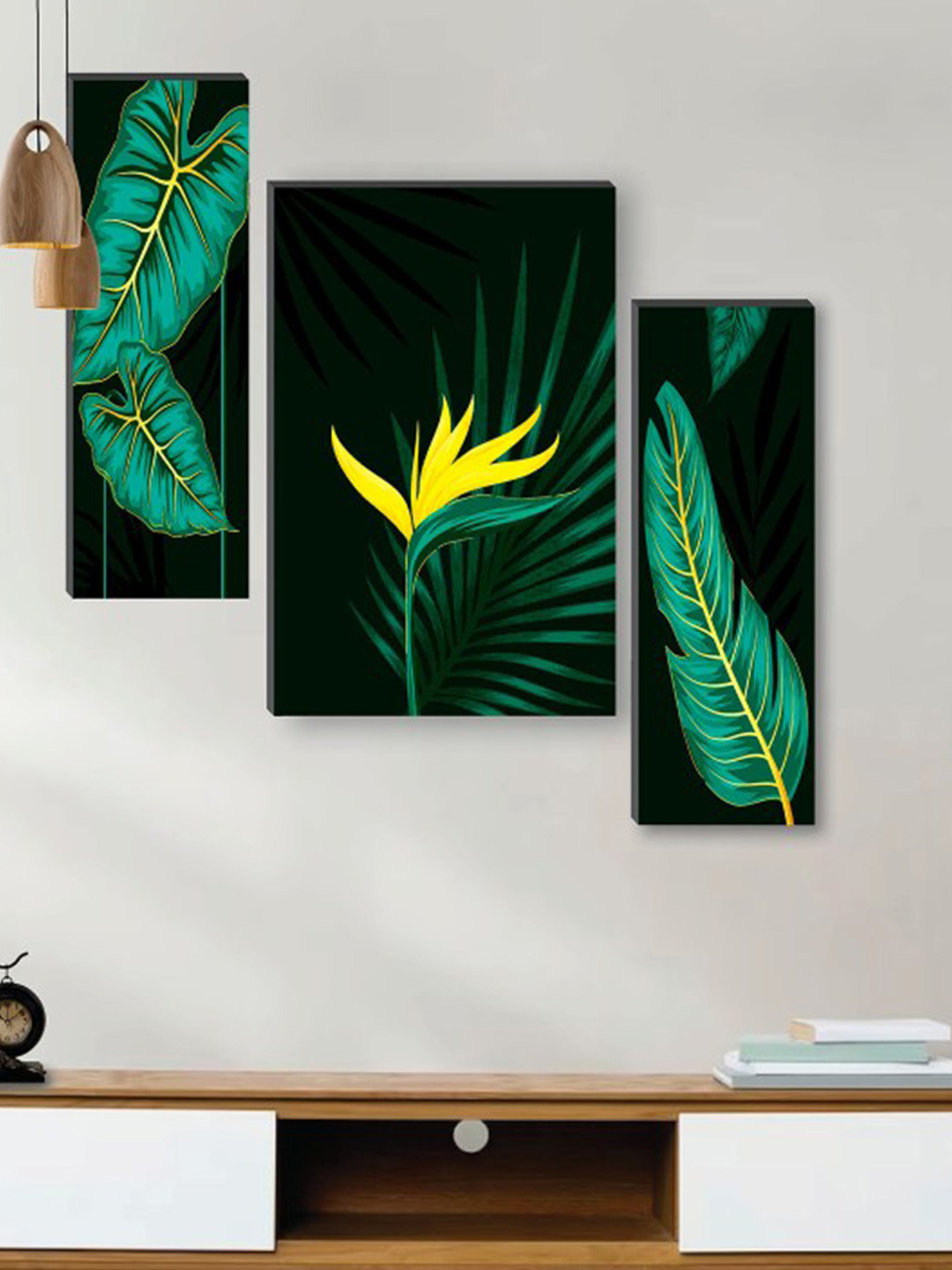 SAF Black 3 Pieces Preety Flower Pot UV Textured Self Adhesive Frame Painting Wall Art