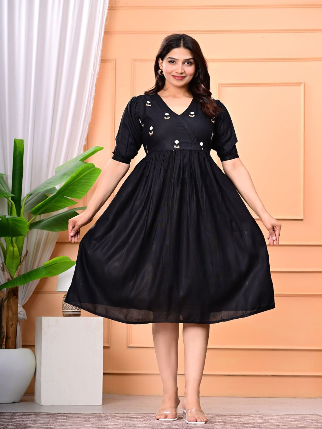 MAJISA HUB Floral Embroidered Fit and Flare Dress