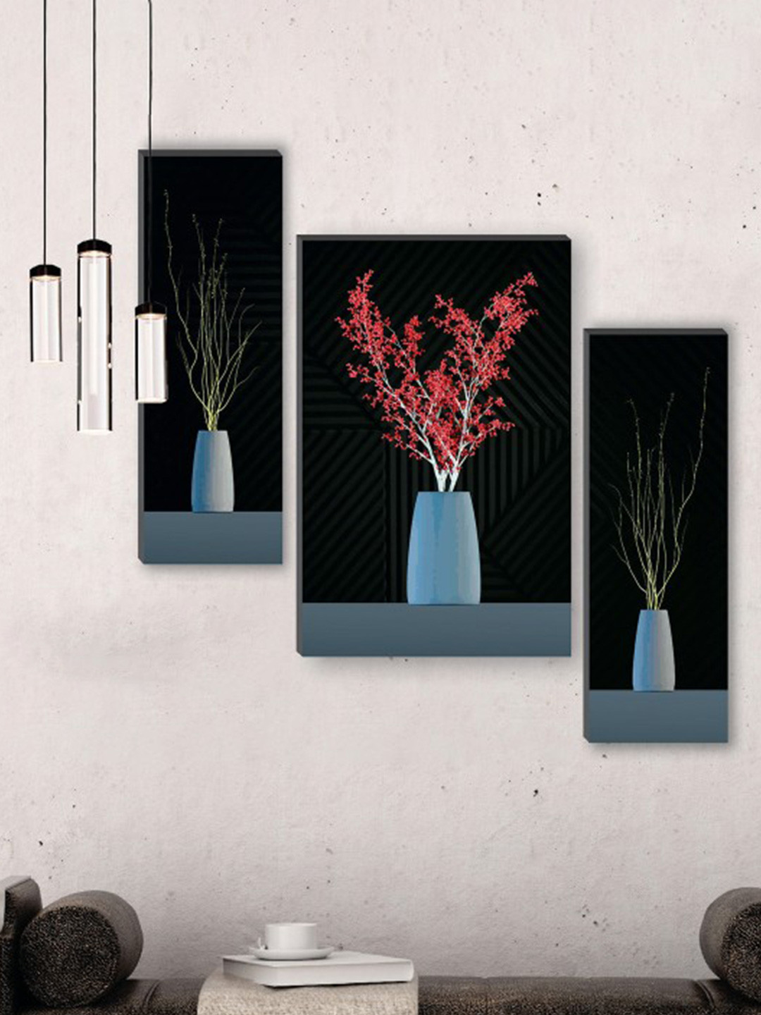 SAF Black & Blue 3 Pcs Preety Flower Pot UV Textured Self Adhesive Frame Painting Wall Art