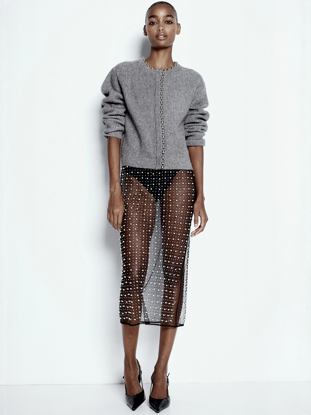 H&M Bead-Embellished Rib-Knit Cardigan