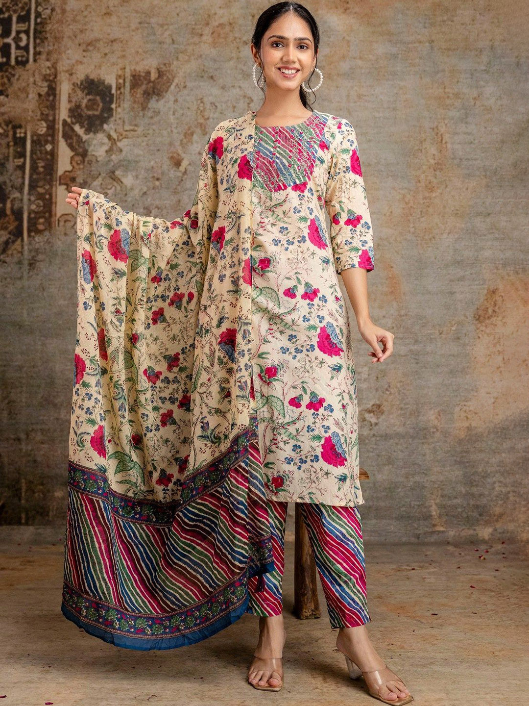 PINK VYBE Embroidered Floral Printed Regular Pure Cotton Kurta with Trousers & Dupatta Set