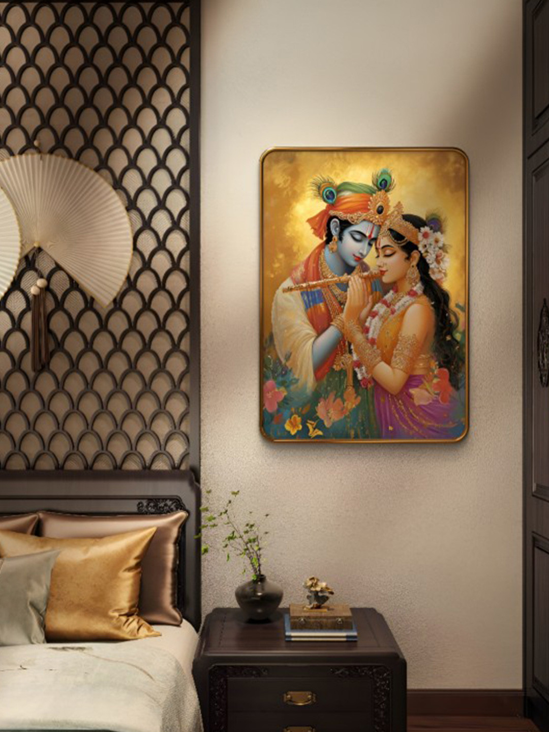 SAF Yellow & Green Radha krishna Sparkle Lamination Finished Wood Wall Painting