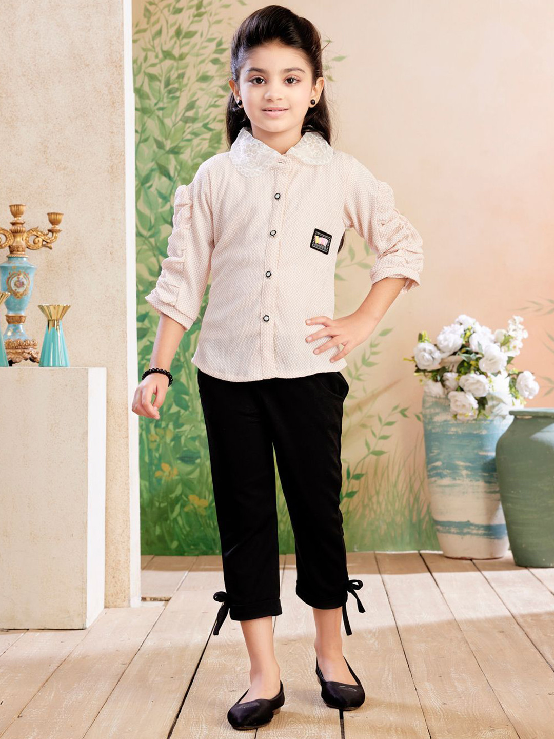 BAESD Girls Self Design Shirt Collar Top With Capri