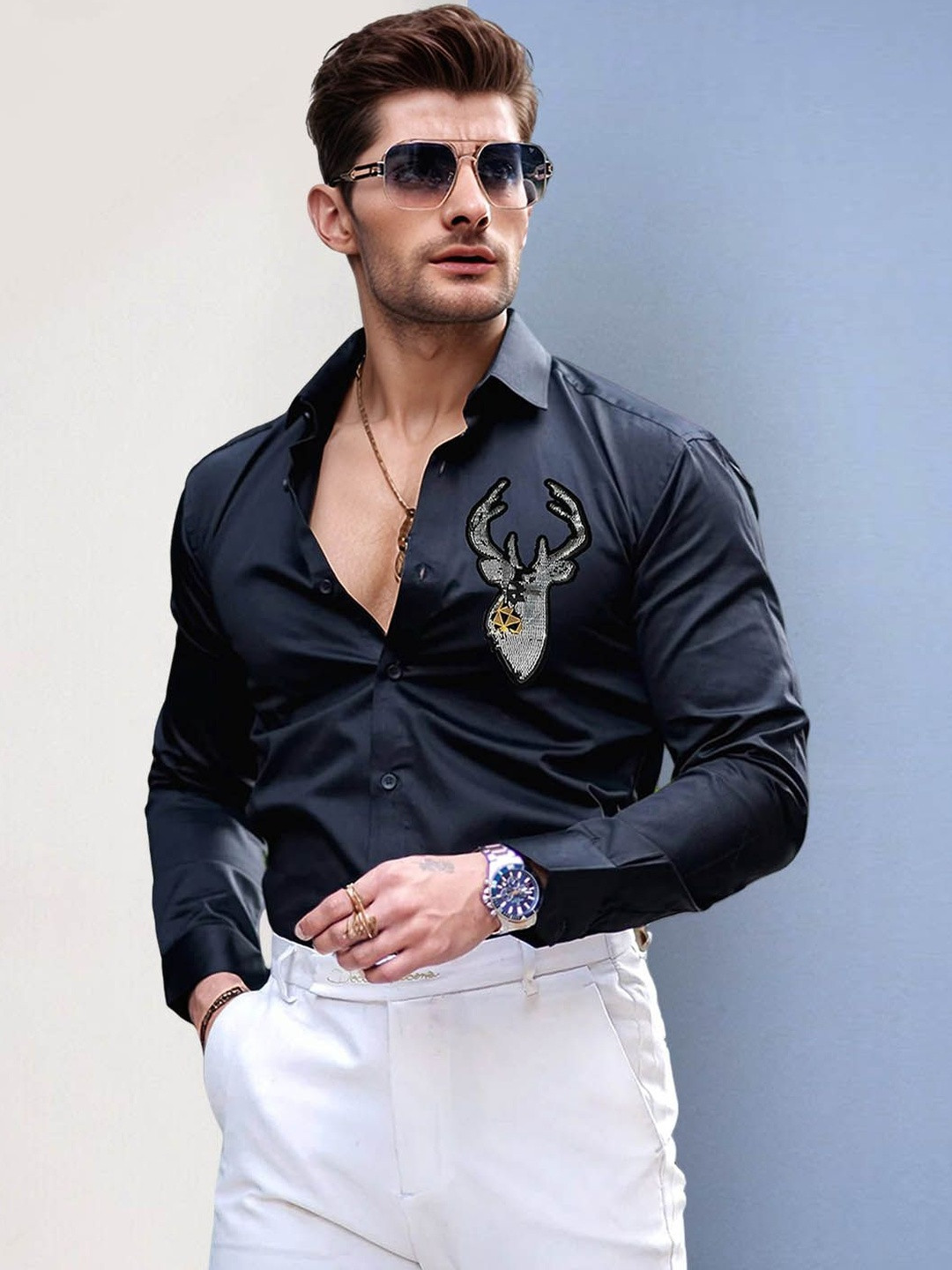 SZN Men Blue Slim Fit Casual Shirt with Deer Patch