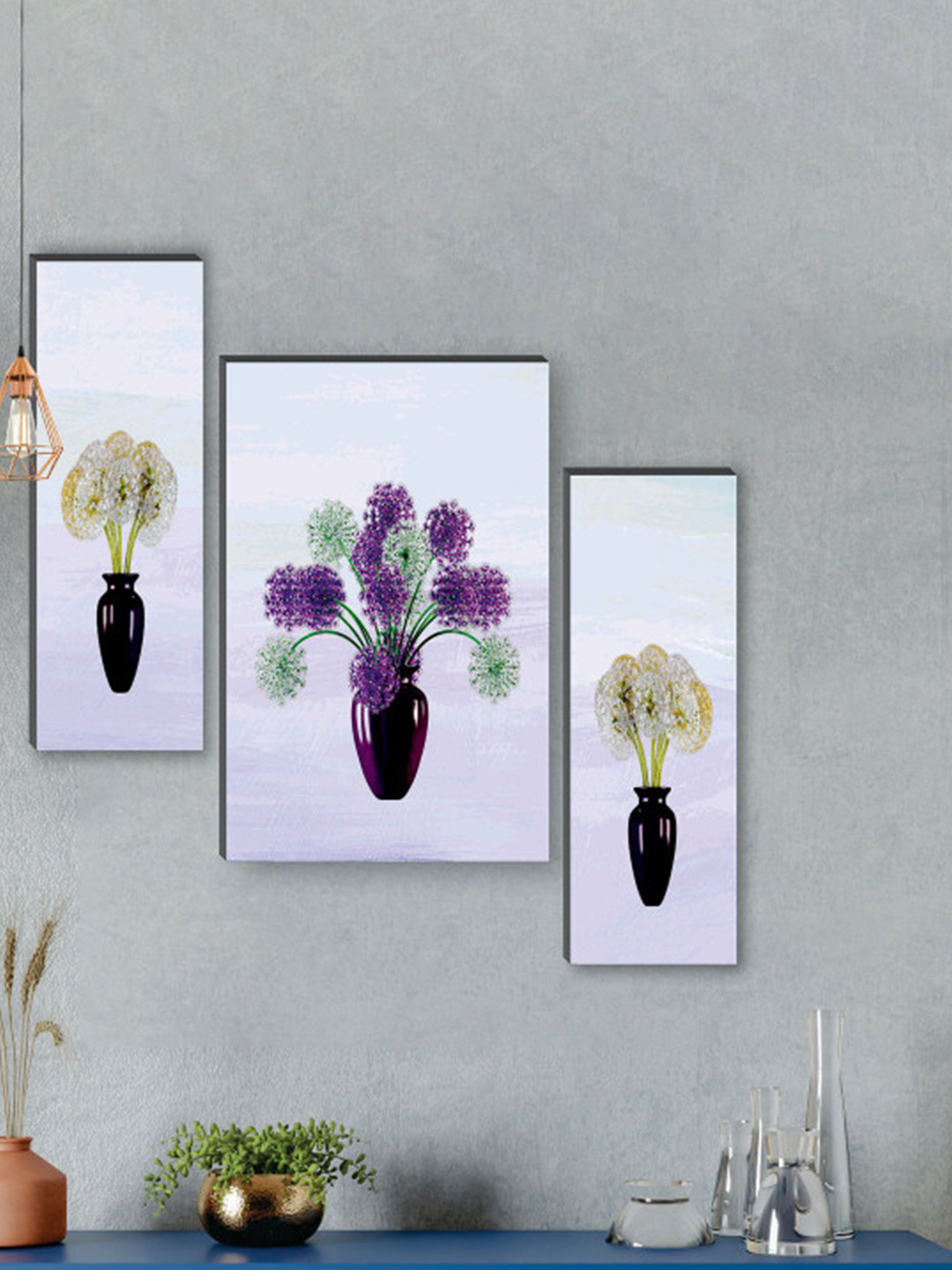 SAF Purple 3 Pcs Pretty Flowerpot UV Textured Self Adhesive Framed Painting Wall Art