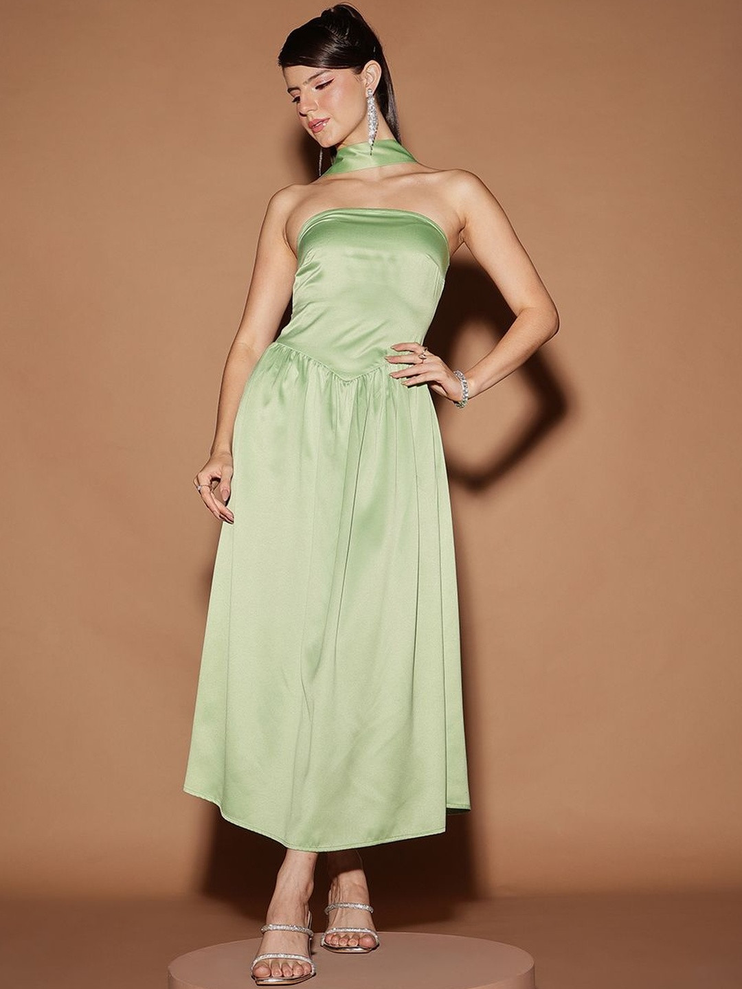 STREET 9 Women Halter Neck Satin Midi Dress