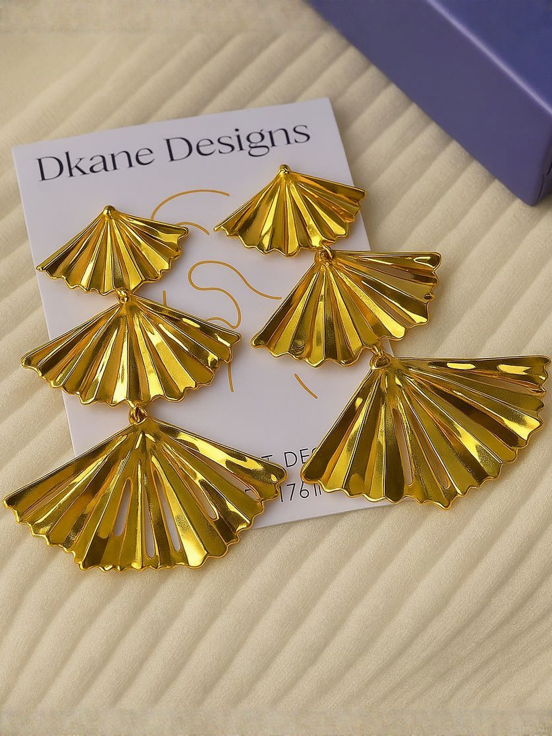 DKane Designs Stainless Steel Gold-Plated Foil Fan Shaped Drop Earrings