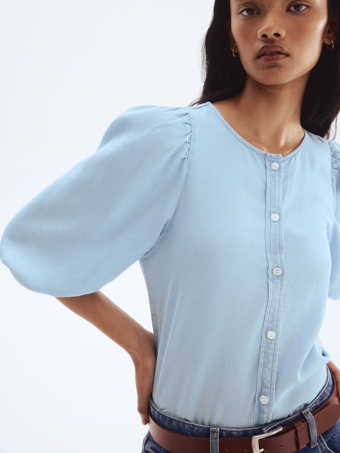 H&M Balloon-Sleeved Denim Blouse