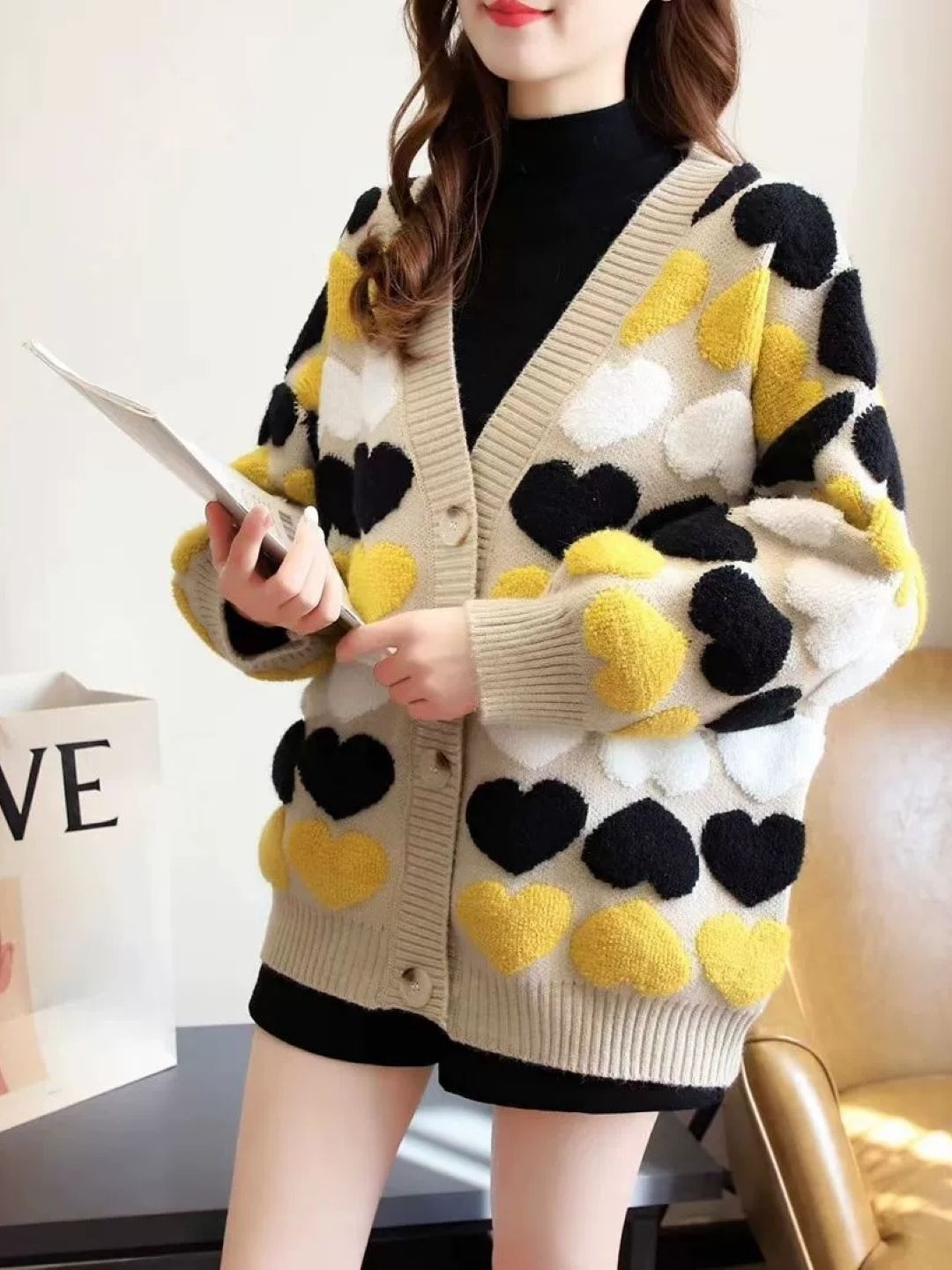 HERE&NOW Women Cream & Yellow Embroidered Acrylic Open Front Cardigan