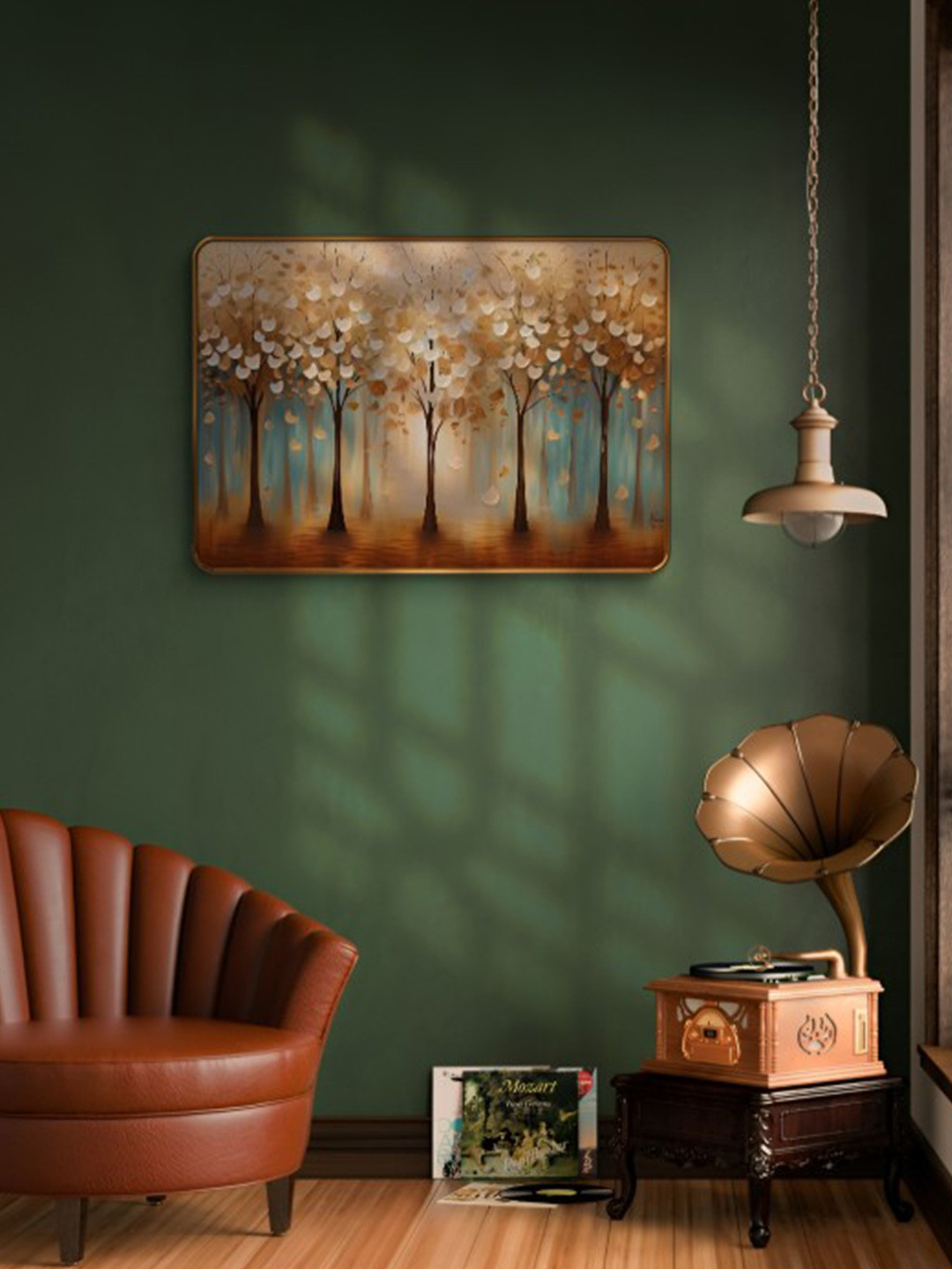 SAF Blue & Beige Abstract Tree Sparkle Lamination Finished Wood Wall Painting