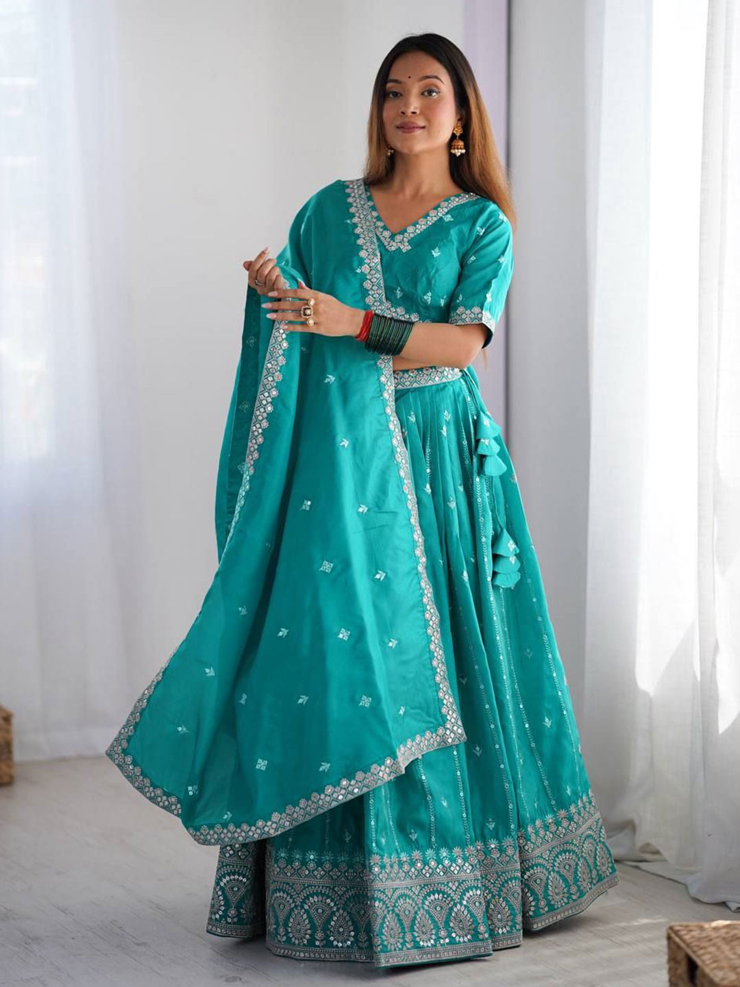 CAPITALHAVEN Embroidered Silk Semi-Stitched Lehenga & Unstitched Blouse With Dupatta