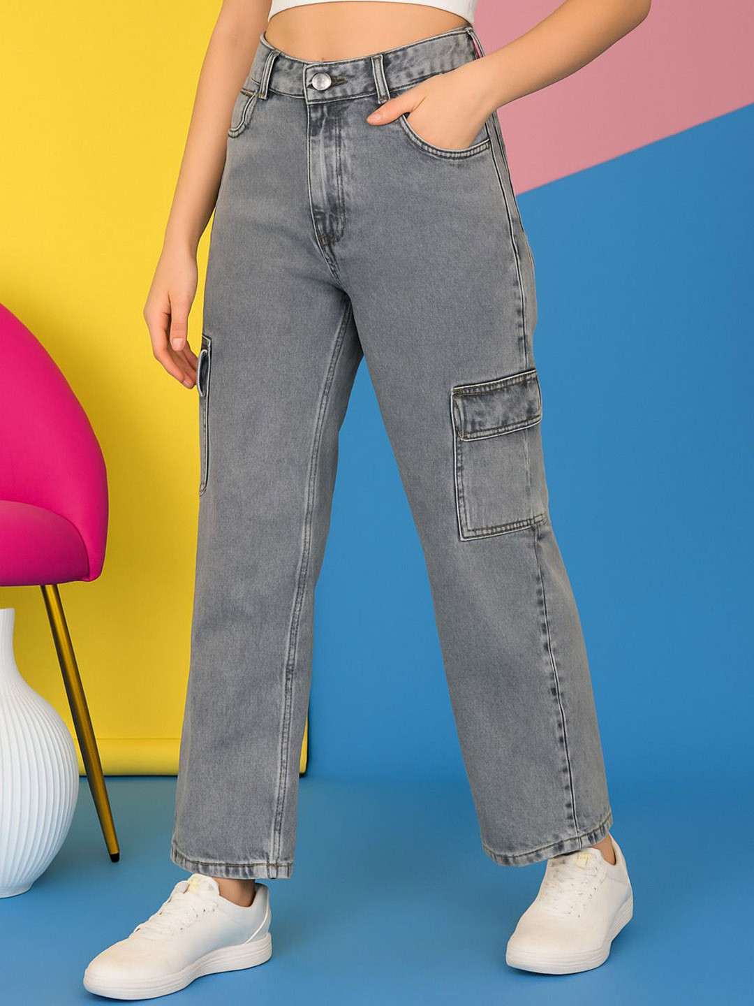 KASHIAN Women Comfort Boyfriend Fit High-Rise Cargo Style Heavy Fade Stretchable Jeans