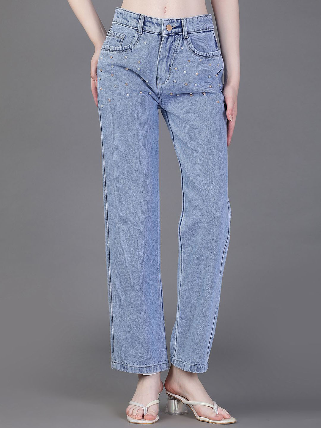 V-Mart Women Regular Fit Mid-Rise Stretchable With Beads Detailing Jeans