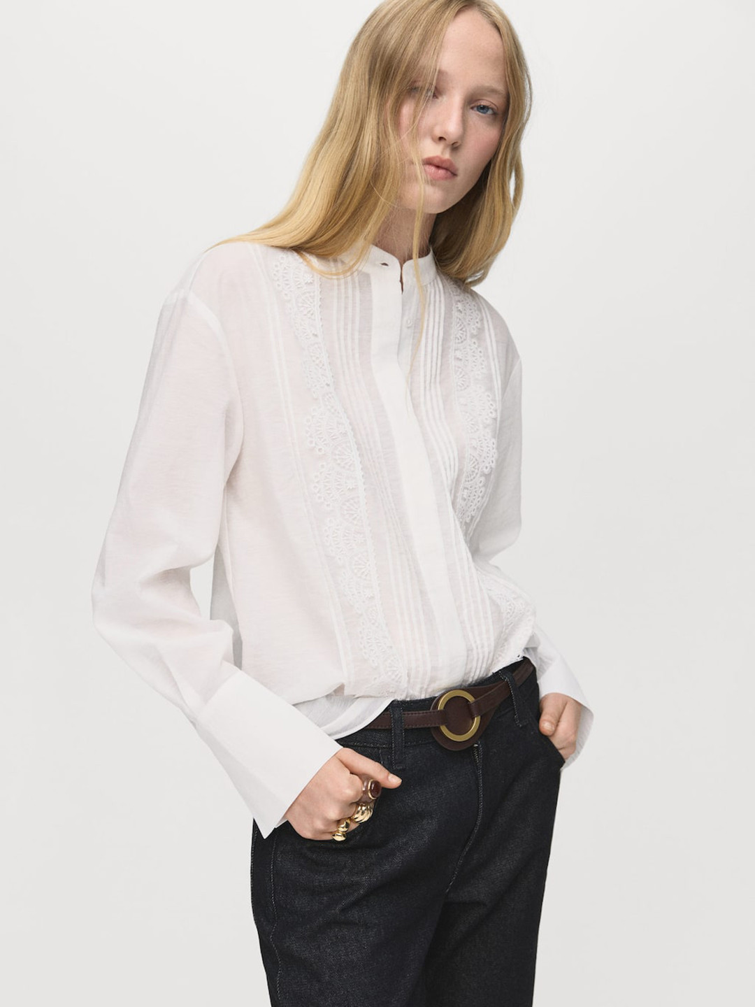 MANGO Pin Tucks Lace Inserts Shirt