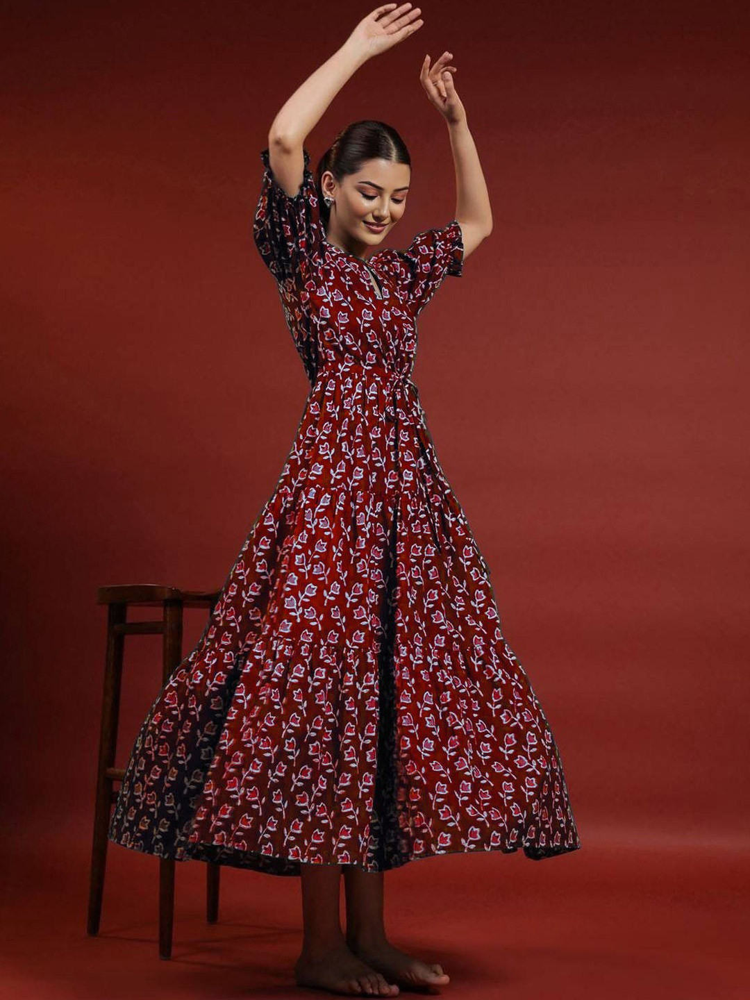 PRESHA Women Floral Printed Puff Sleeve Tiered Fit & Flare Maxi Dress