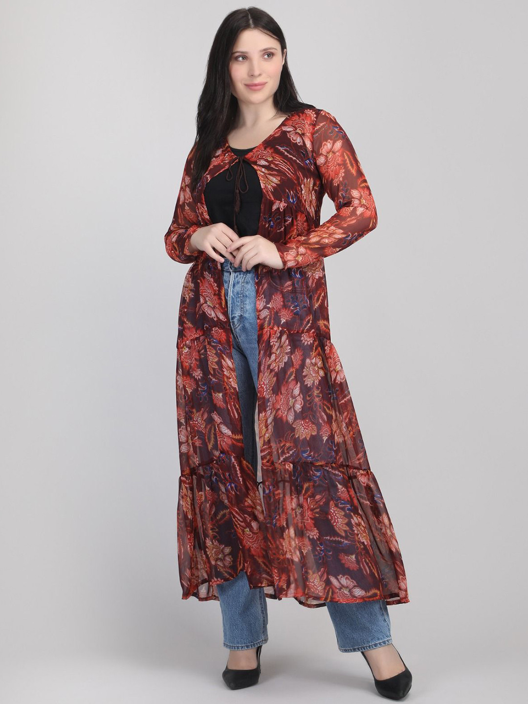 AD Fashion Printed V-Neck Longline Shrug