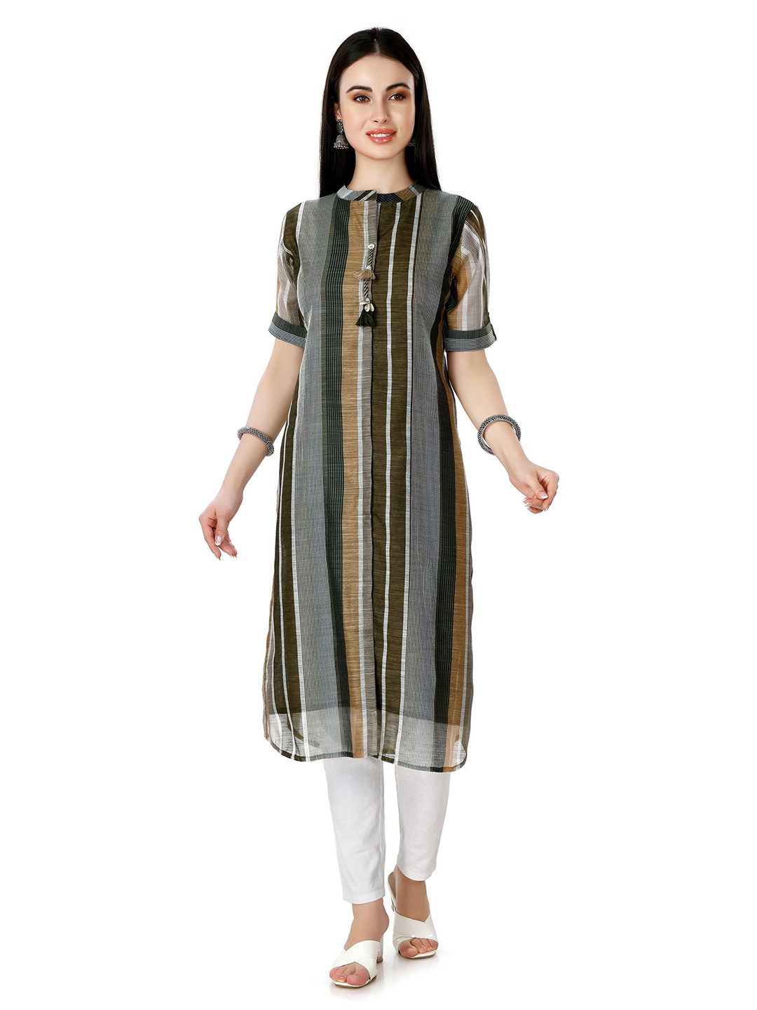 IRIS WOMEN Striped Mandarin Collar Chanderi Silk Straight Kurta