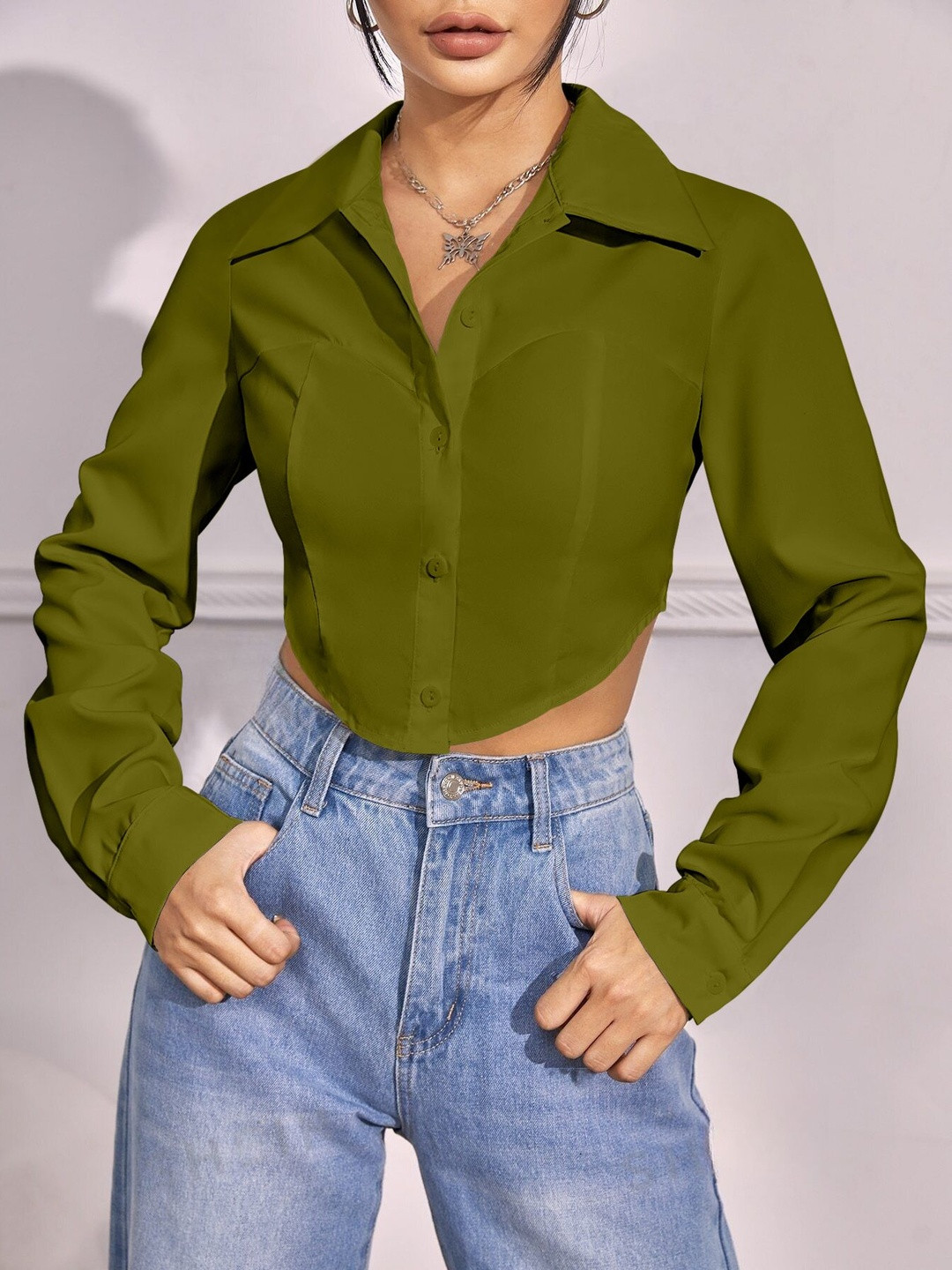 LERIYA FASHION Women Green Long Sleeves Shirt Collar Cotton Casual Tops