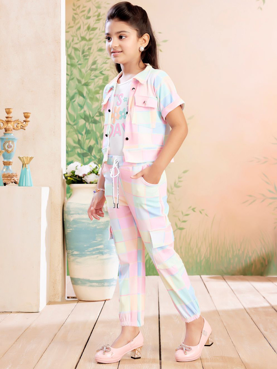 BAESD Girls Printed Round Neck T-Shirt With Jogger & Jacket