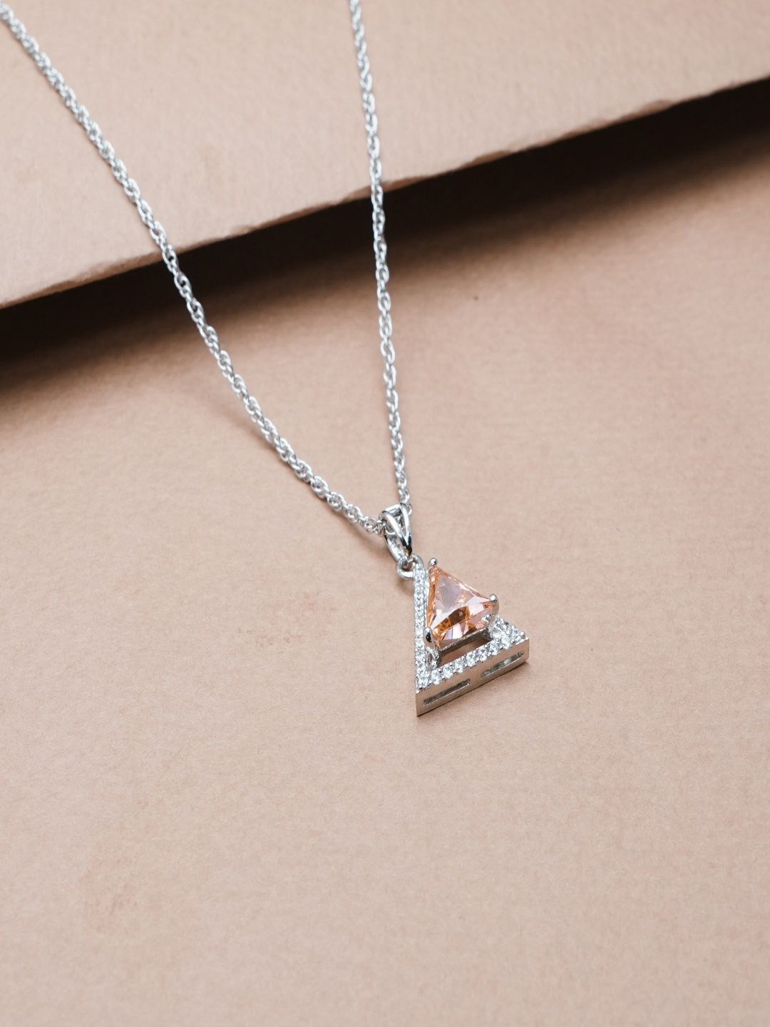 TASSYA Women Silver Plated Cubic Zirconia Peach Prism Silver Pendant With Chain