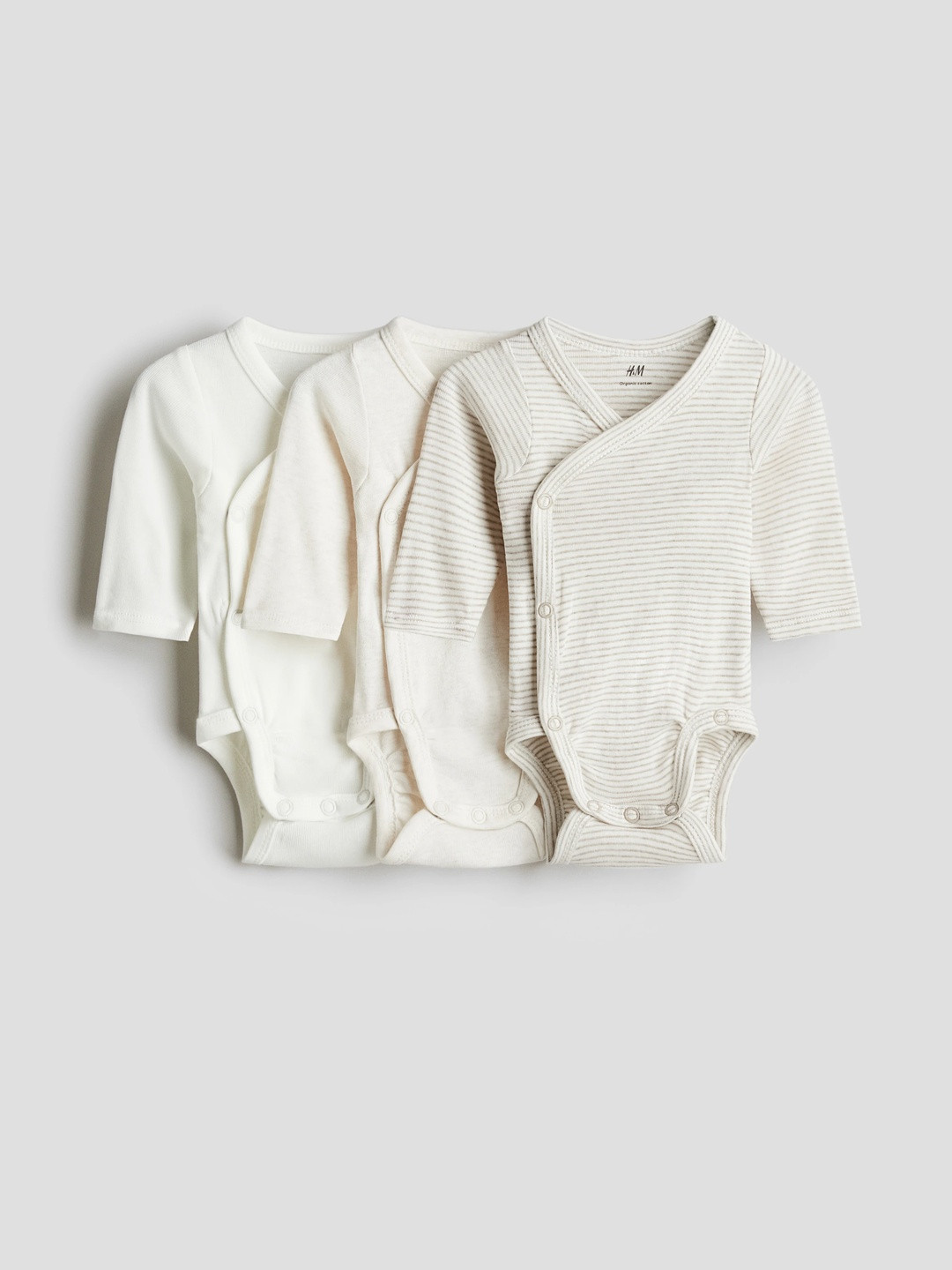 H&M Girls White & Beige 3-Pack Long-Sleeved Bodysuits