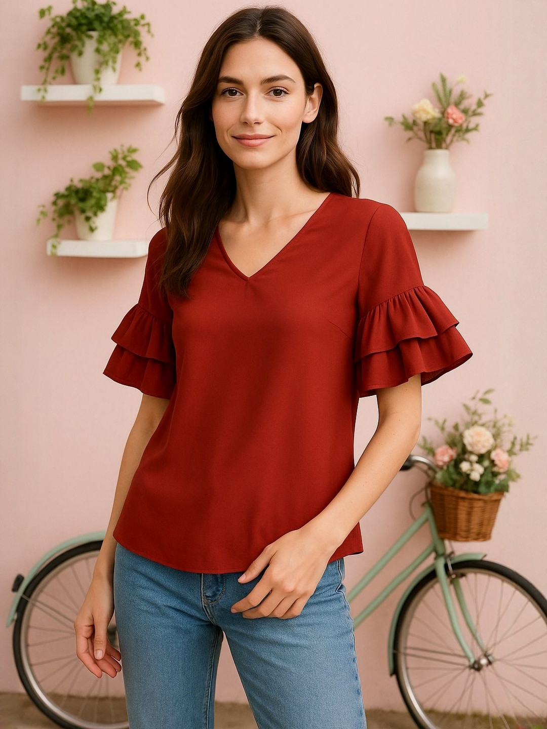 HERE&NOW Women Rust Polyester Ruffle Sleeves Short Top
