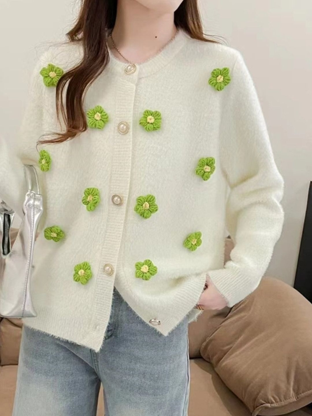 HERE&NOW Women Green Collarless Long Sleeves Embroidered Wool Open Front Sweater