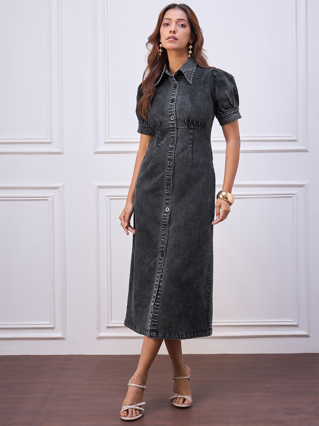 StyleStone Women Self Design Denim Shirt Style Midi Dress