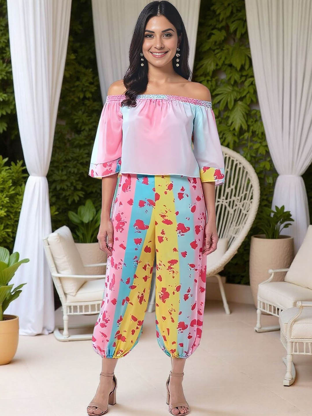 KYVO Candy Digital Printed Off-Shoulder Top With Baggy Pants Co-Ords