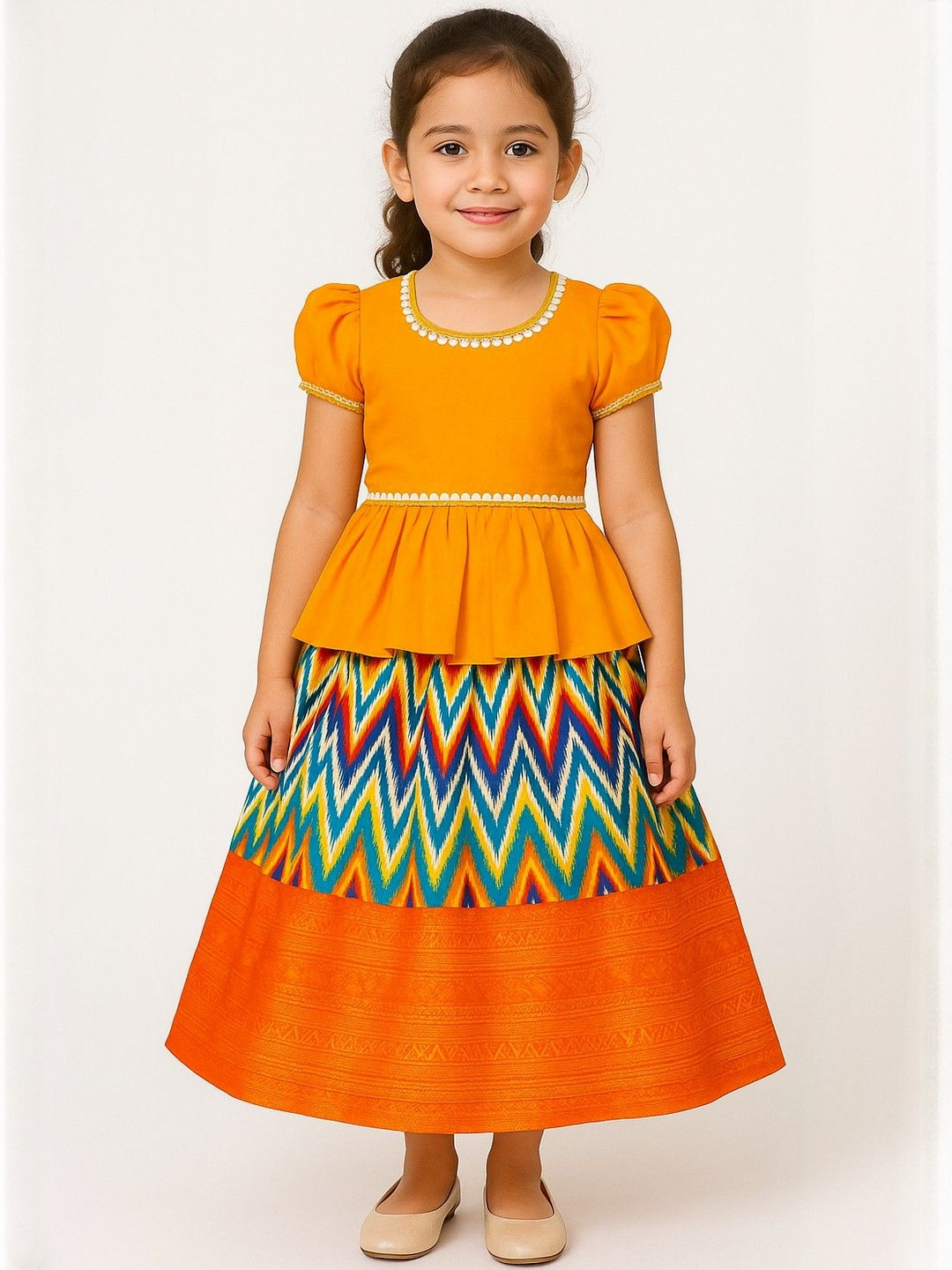 My Lil Girls Orange & Multi Embellished Jacquard Princess Pattu Pavaadai Dress