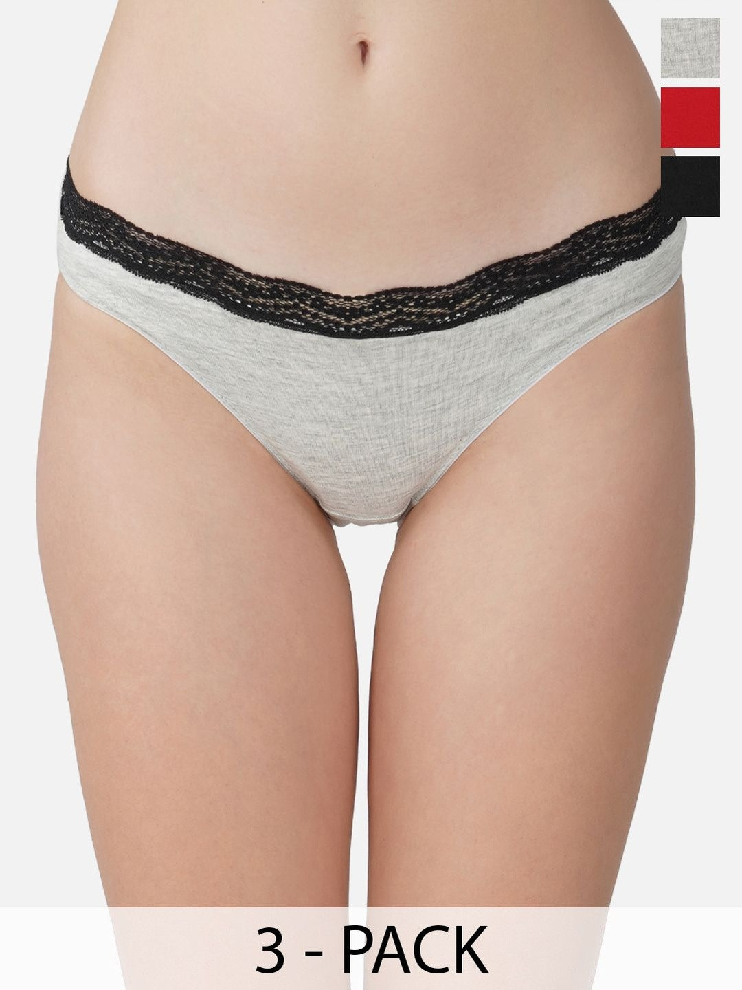 HERE&NOW Women Pack of 3 Mid Rise Stretchable Lace Cotton Briefs