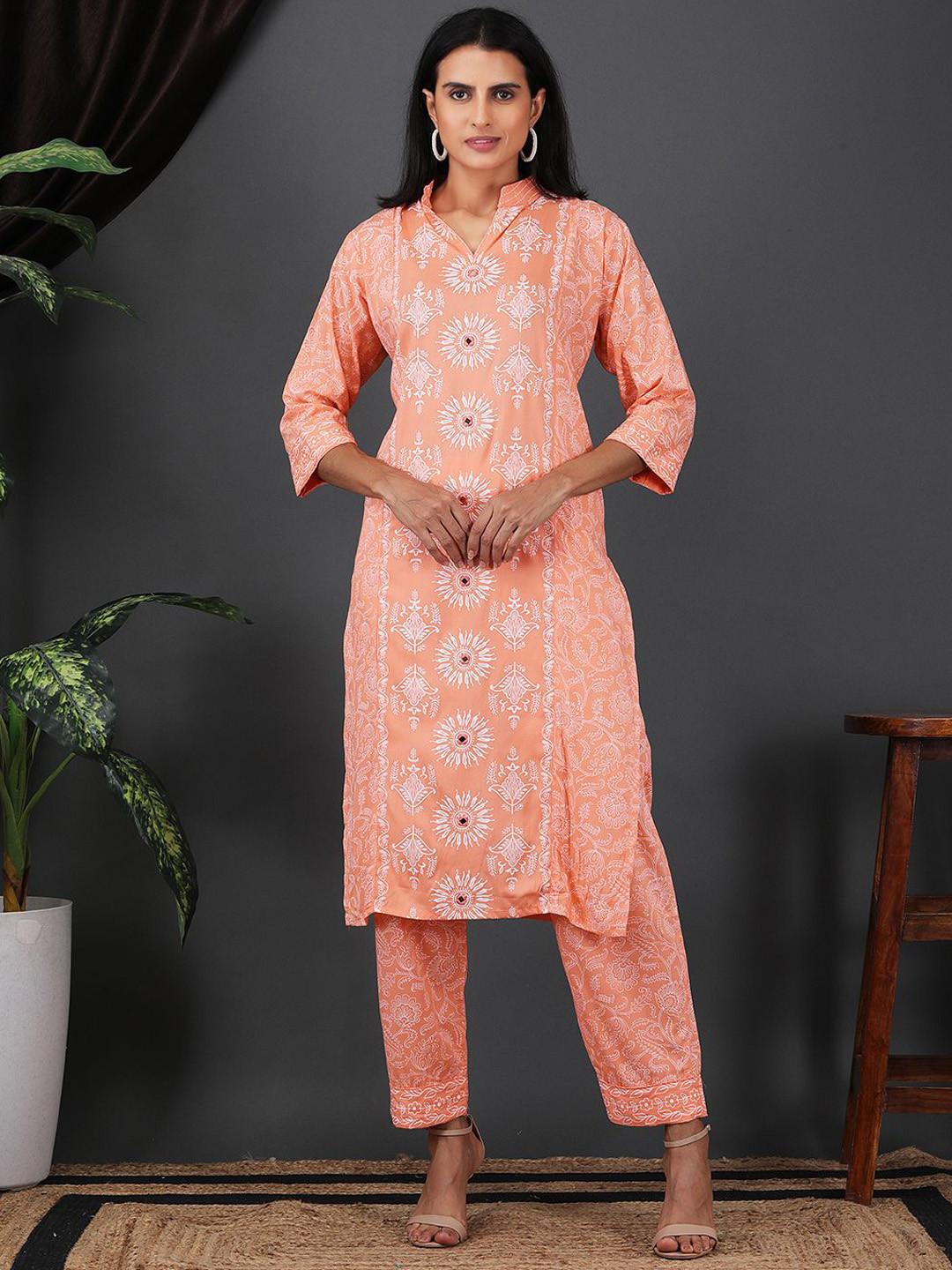 Sold For Style Ethnic Motifs Printed Mirror Work Pure Cotton Kurta With Trousers & Dupatta