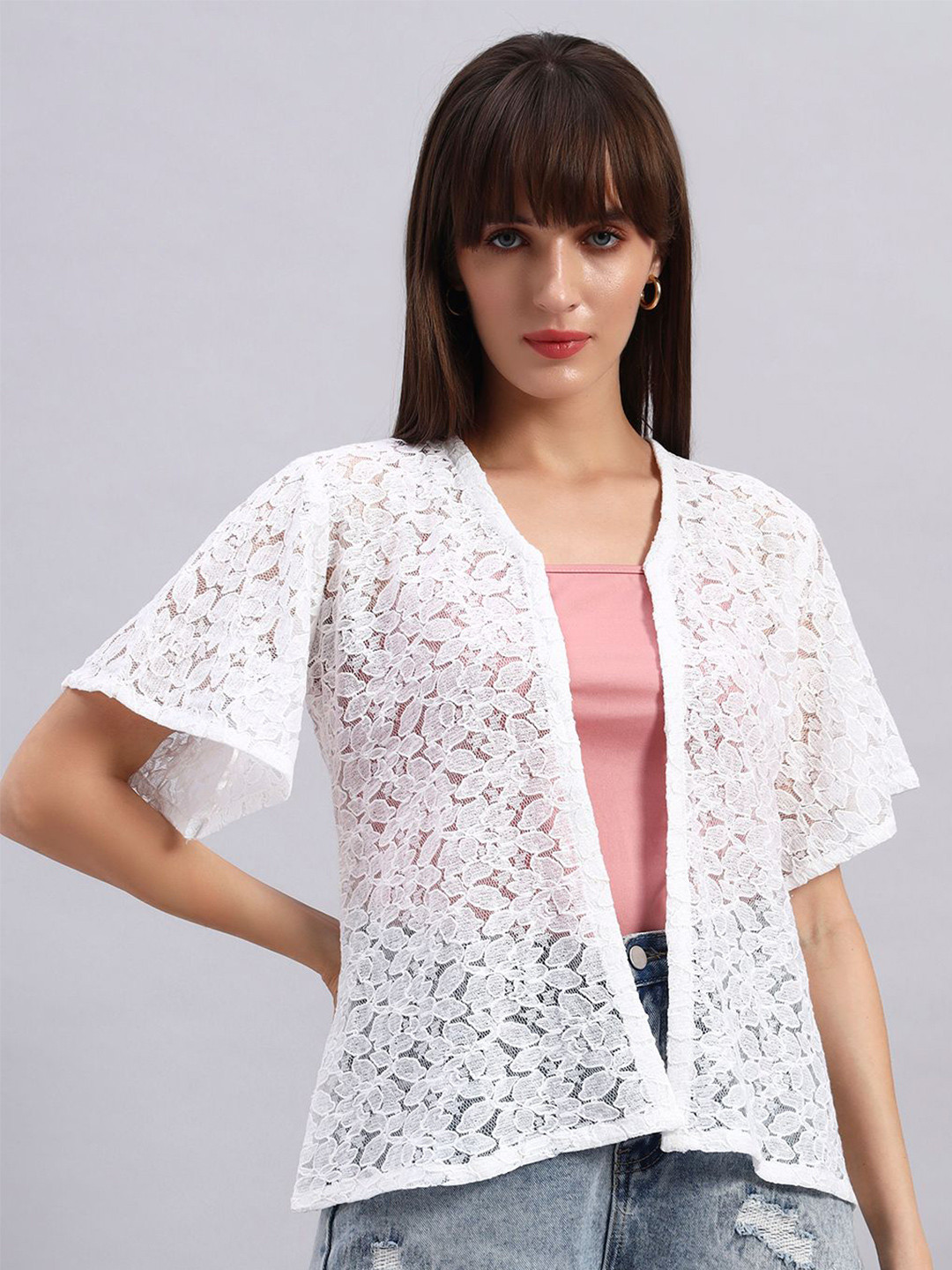 NATURE CRAFT Self Design Sheer Open Front Cotton Shrug