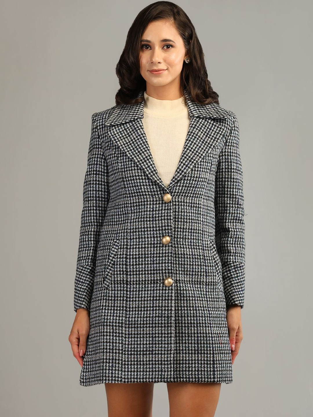 Roadster Women Houndstooth Printed Regular Fit Single Breasted Winter Coat