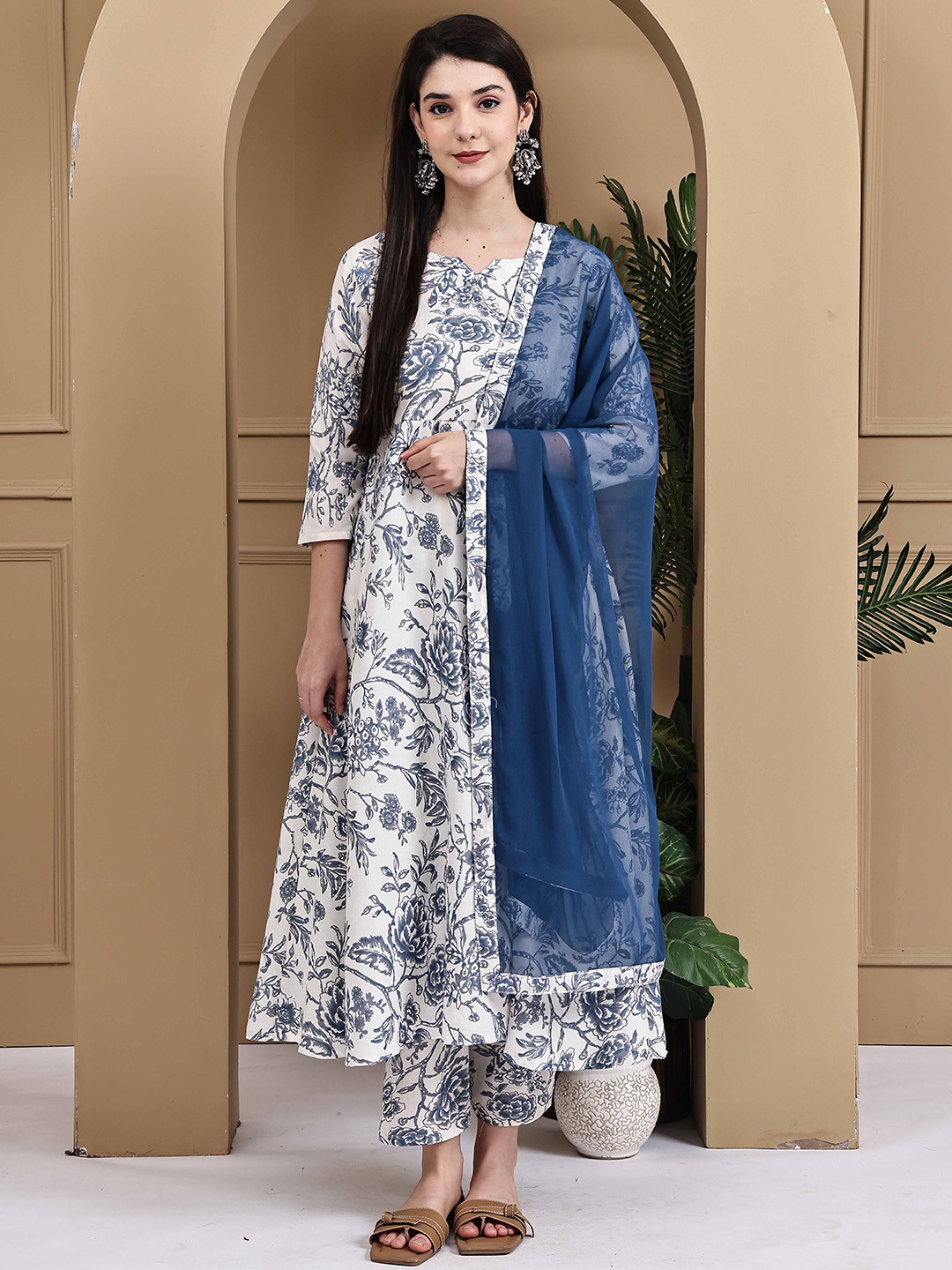 Roly Poly Women Floral Printed Cotton Anarkali Kurta with Trousers & Dupatta
