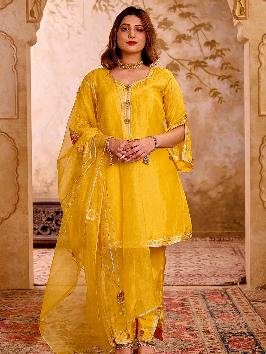 Pearls and Pastels Women Kurta With Gota Work Trousers &  Dupatta