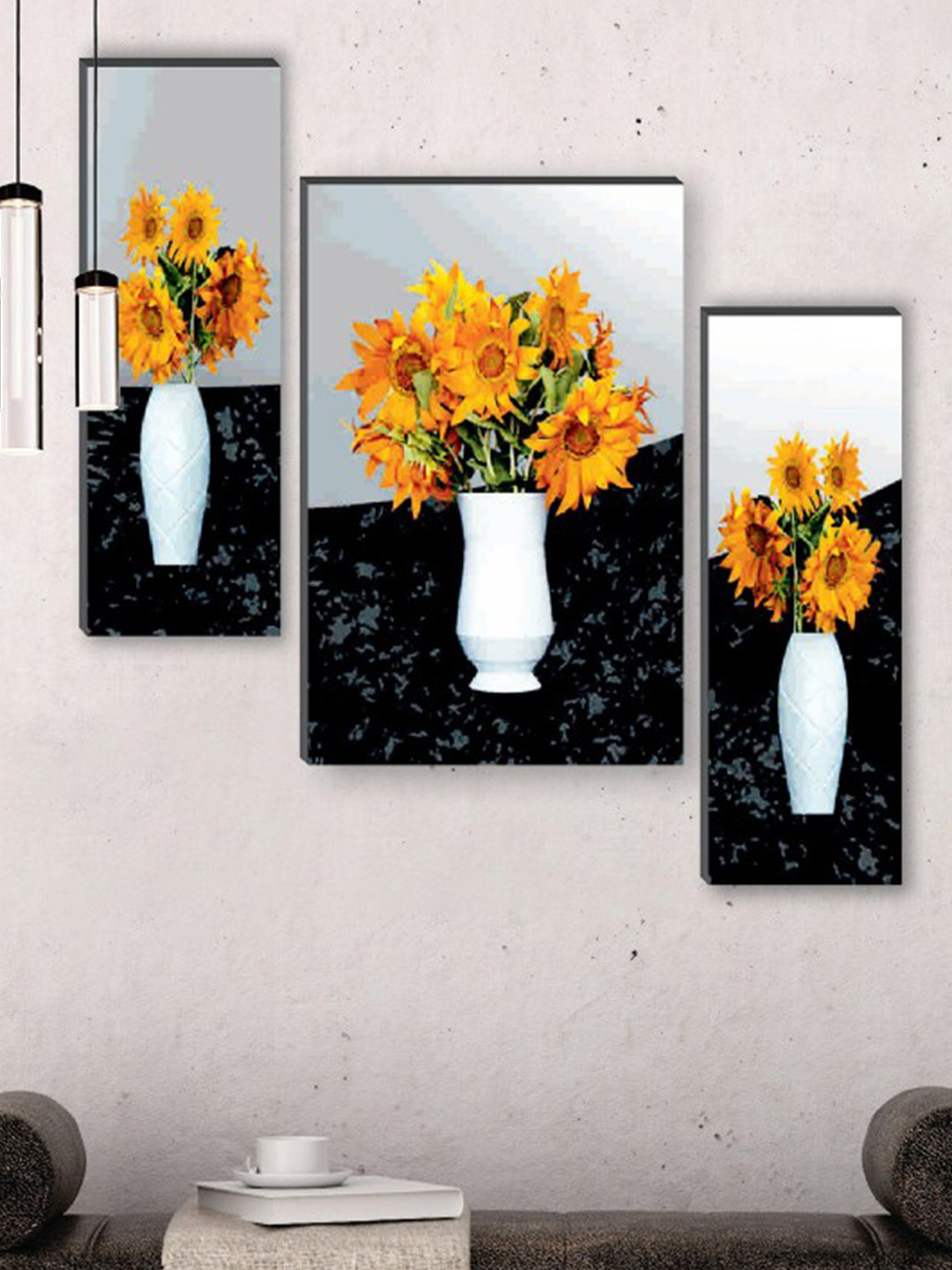 SAF White 3 Pieces Preety Flower Pot UV Textured Self Adhesive Frame Painting Wall Art