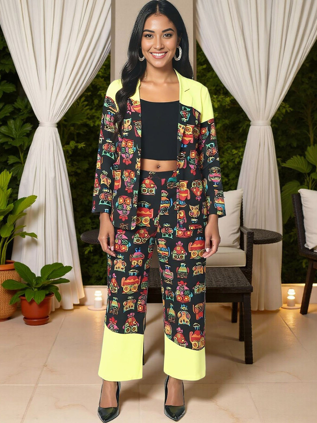 KYVO Owl Women Geometric Printed Shawl Neck Long Sleeves Blazer With Palazzo Co-Ords