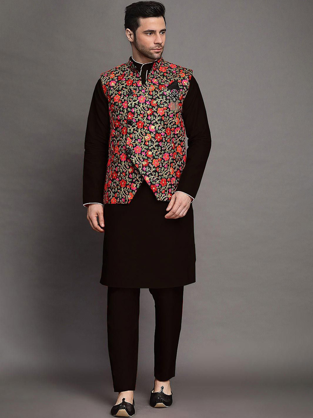 Utsav Fashion Men Embroidered Art Silk Kurta Set in Black