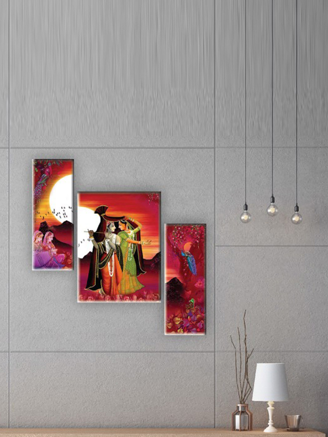 SAF Beige & Red 3 Pieces Radha Krishna Painting UV Textured Wall Arts