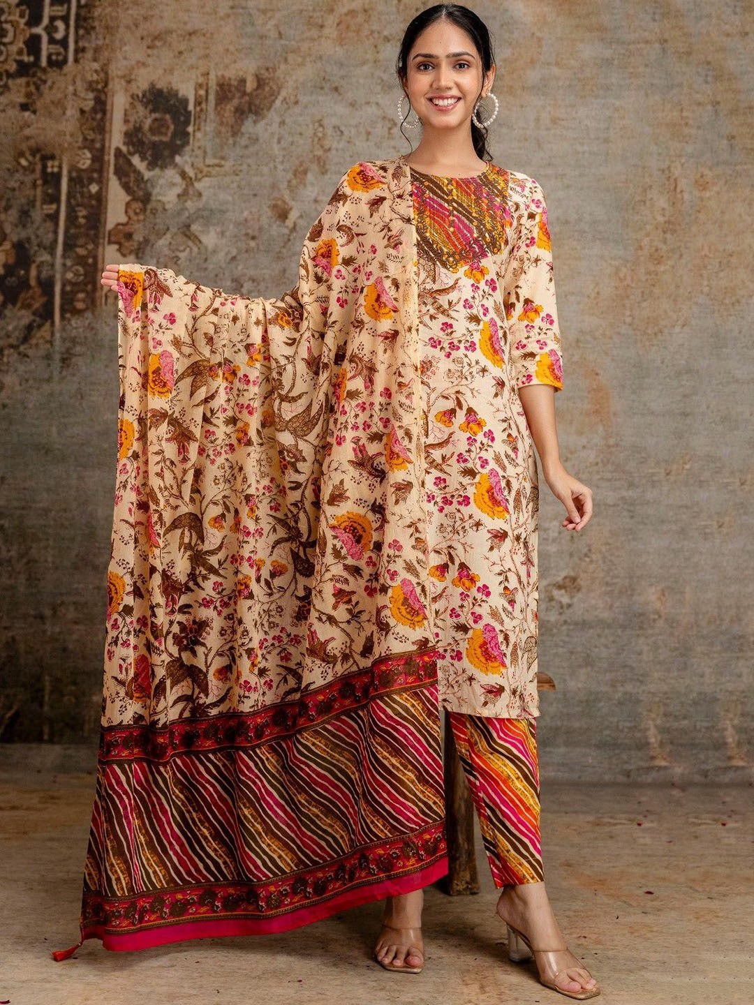 PINK VYBE Embroidered Floral Printed Regular Pure Cotton Kurta with Trousers & Dupatta Set