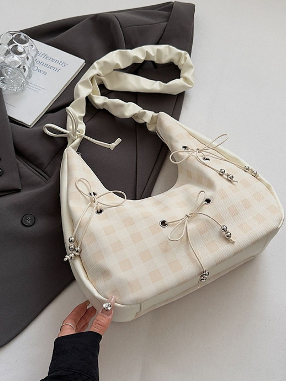 CORSICA Off White Checked Small Casual Handheld Bag