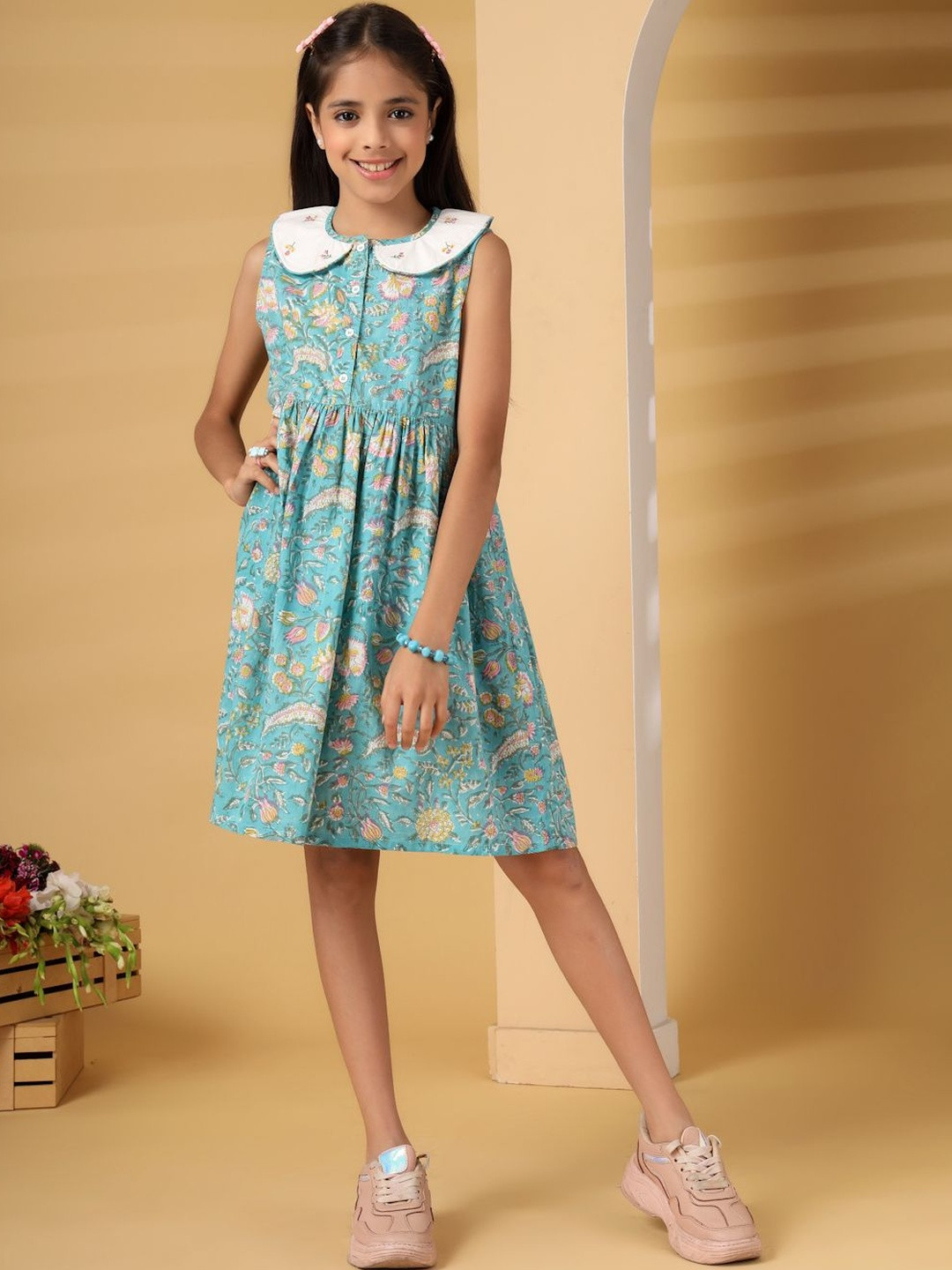Sangria Girls Block Print Peter-Pan Collar Dress