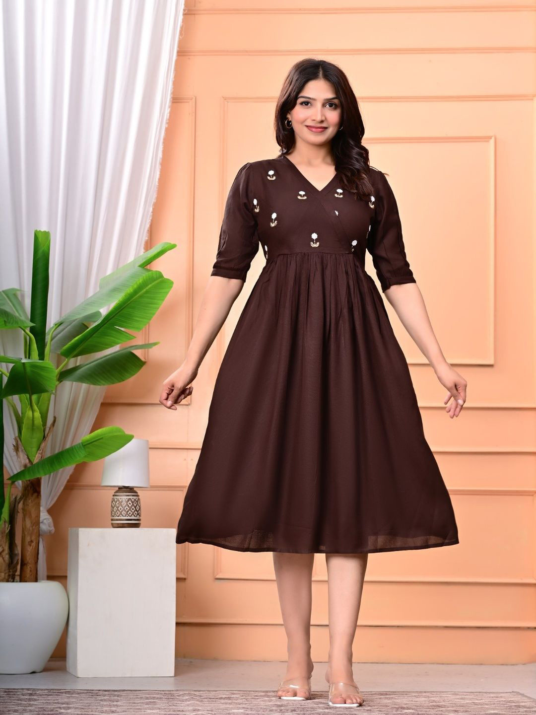 AKARSHITA SALES Women Floral Embroidered V-Neck Puff Sleeves Fit And Flare Dress