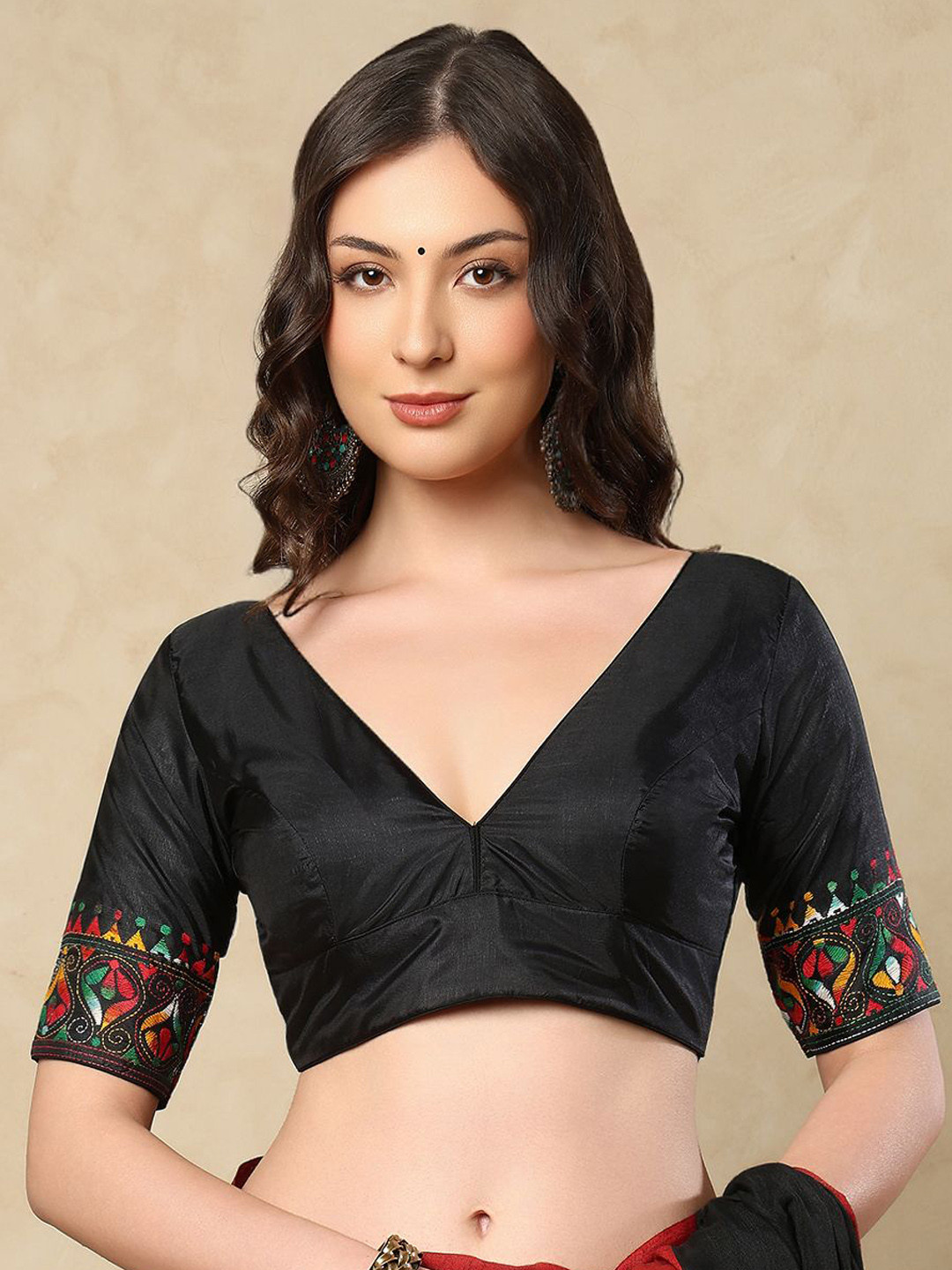 SALWAR STUDIO Women Black V- Neck Katha Embroidered Silk Readymade Saree Blouse