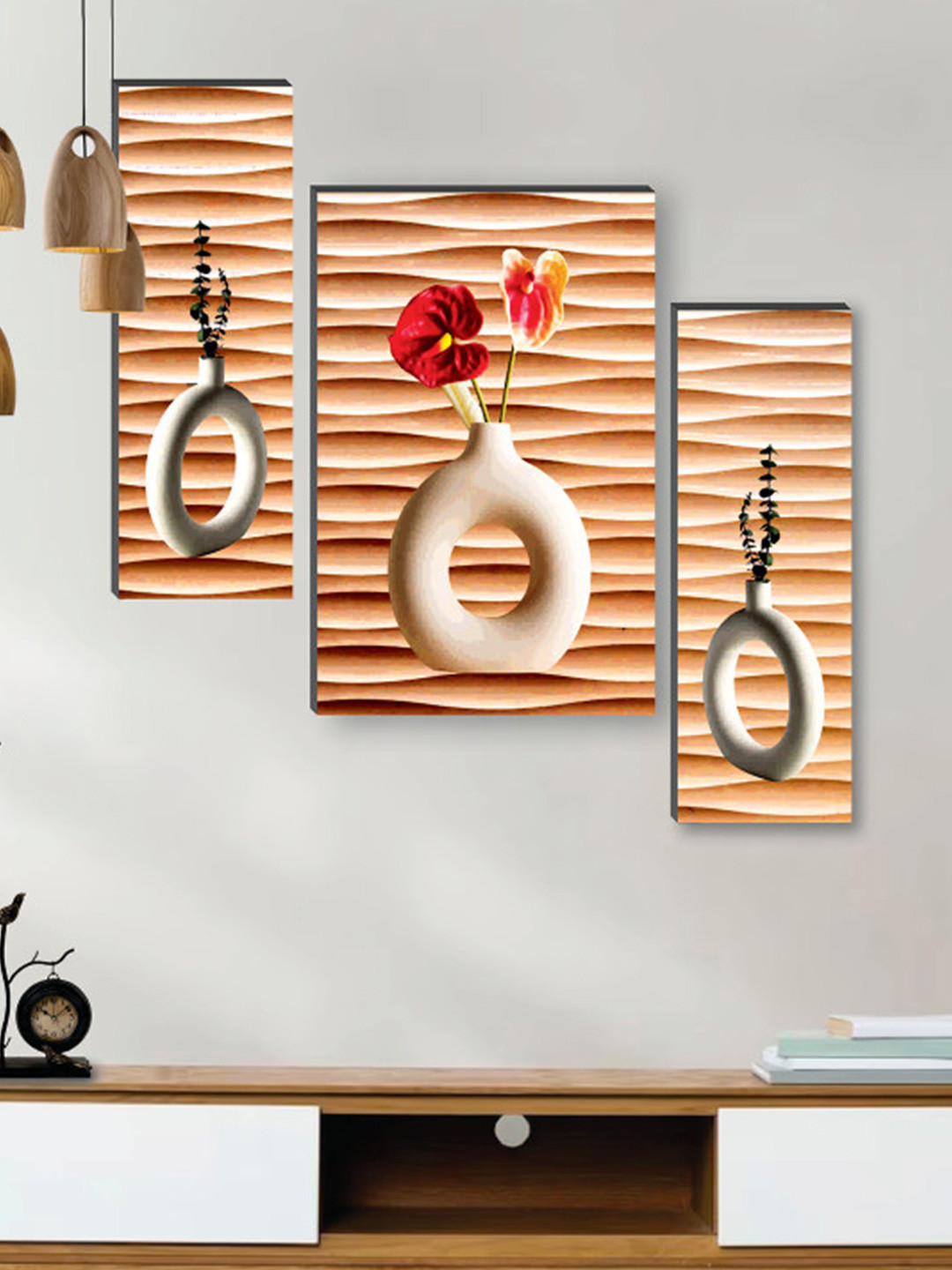 SAF Brown 3 Pcs Pretty Flowerpot UV Textured Self Adhesive Framed Painting Wall Art