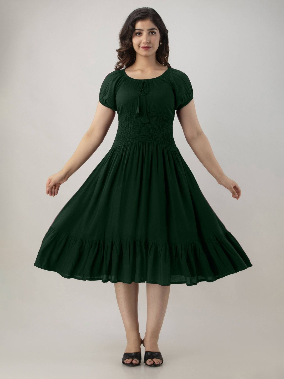 Colorful Collection Women Solid Puff Sleeve Fit and Flare Dress