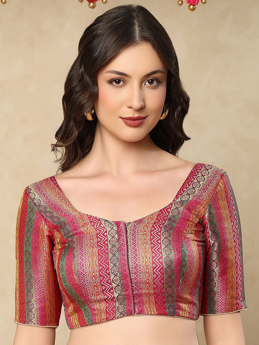 SALWAR STUDIO Purple Brocade Sweetheart Neck Readymade Saree Blouse