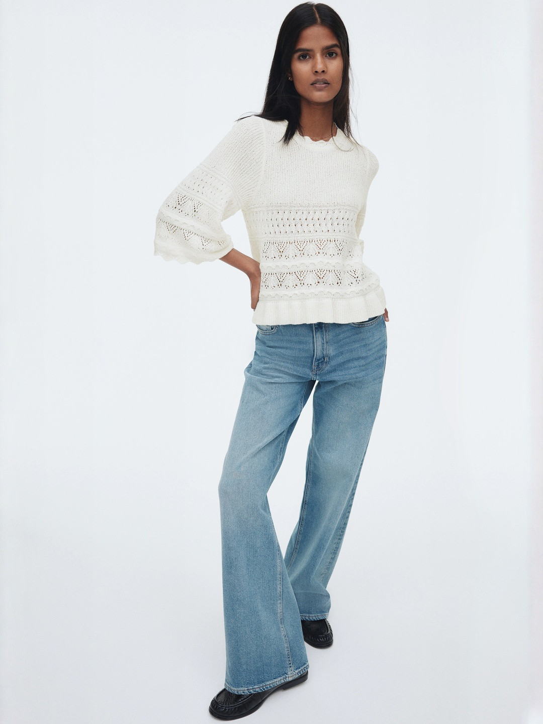 H&M Women Frill-Trimmed Pointelle-Knit Jumper