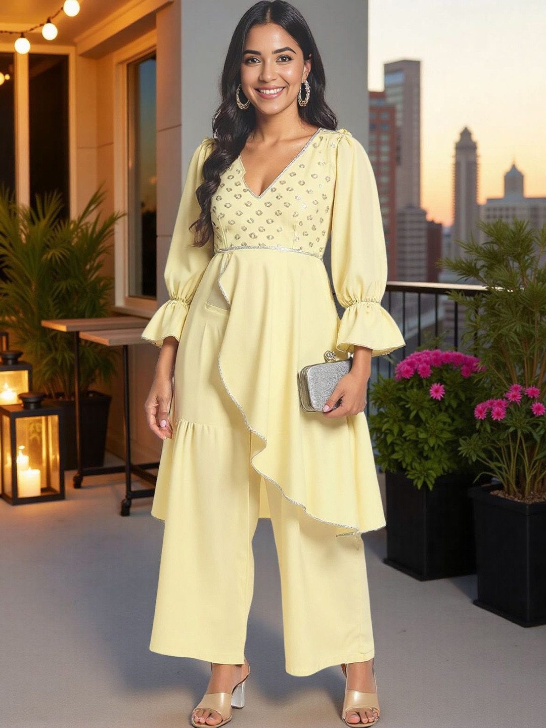 KYVO Foil Printed Asymmetric Cut Top With Matching Stylish Pant Co-Ords